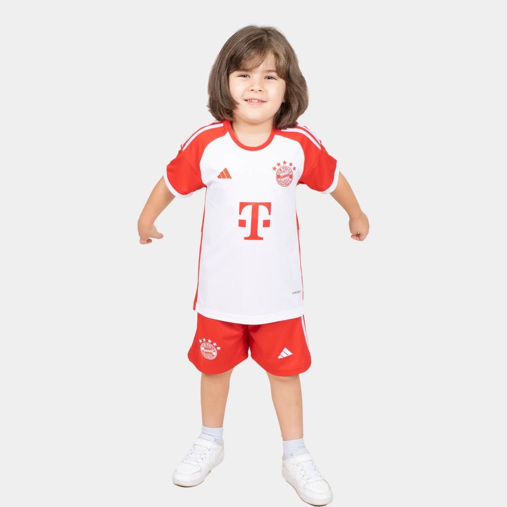Bayern Munchin Kids Kit Home Season 23/24 Designed By Mitani Store , Regular Fit Jersey Short Sleeves And Ribbed Crewneck In White Color