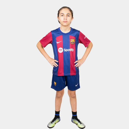 Barcelona Kids Kit Home Season 23/24 Designed By Mitani Store , Regular Fit Jersey Short Sleeves And Round Neck Collar In Blue And Red Color