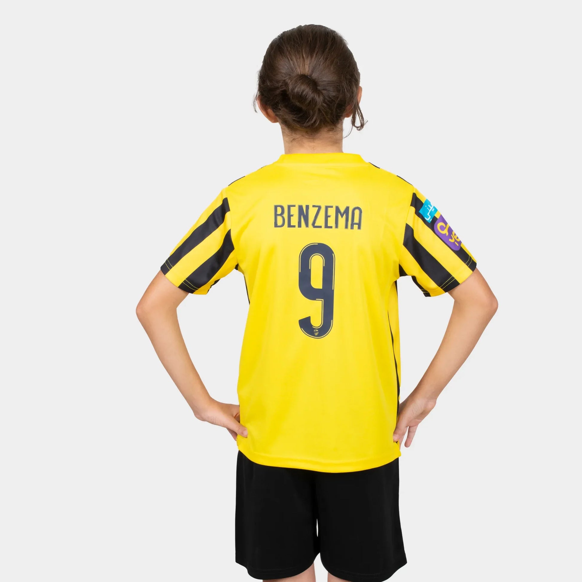 Al Ittihad Fc Kids Kit Home Season 23/24 Designed By Mitani Store , Regular Fit Jersey Short Sleeves And Round Neck Collar In Yellow Color with Benzema Name and Number 9