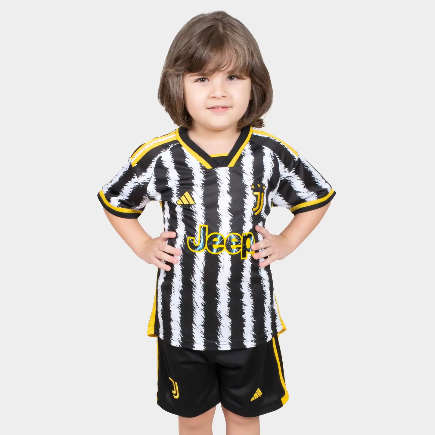 Juventus Kids Kit Home Season 23/24 Designed By Mitani Store , Regular Fit Jersey Short Sleeves And V-Neck Collar In Black and white Color