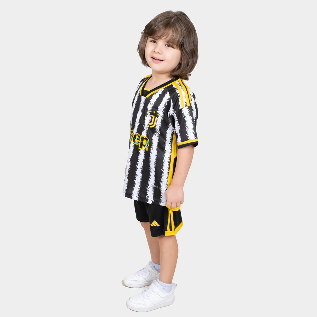 Juventus Kids Kit Home Season 23/24 Designed By Mitani Store , Regular Fit Jersey Short Sleeves And V-Neck Collar In Black and white Color