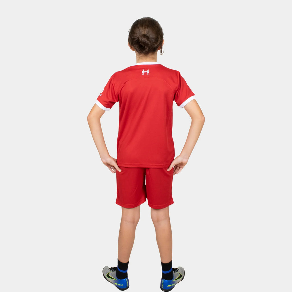Liverpool Kids Kit Home Season 23/24 Designed By Mitani Store , Regular Fit Jersey Short Sleeves And Round Neck Collar In Red Color